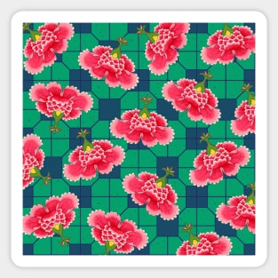 Chinese Vintage Pink and Red Flowers with Green and Blue Tile - Hong Kong Traditional Floral Pattern Sticker